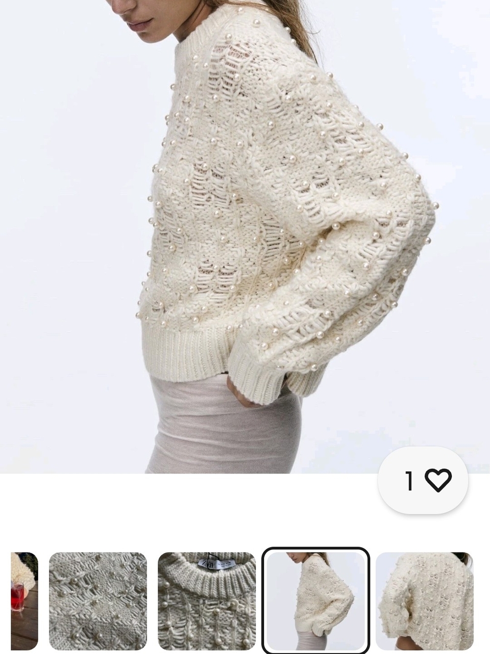 Zara Cream Pearl-Embellished Open Knit Crewneck Sweater